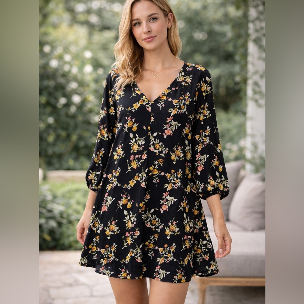 Lush Black V Neck Floral Mini Dress